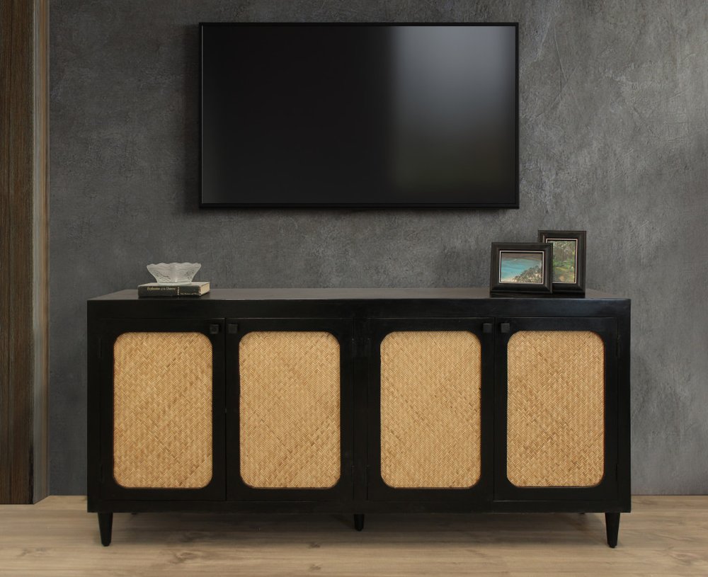 Black Distressed Solid Wood Sideboard with Four Doors - 82-inch