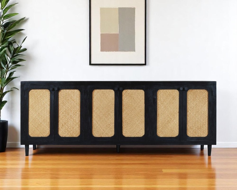 Black Distressed Solid Wood Sideboard with Six Doors - 94-inch