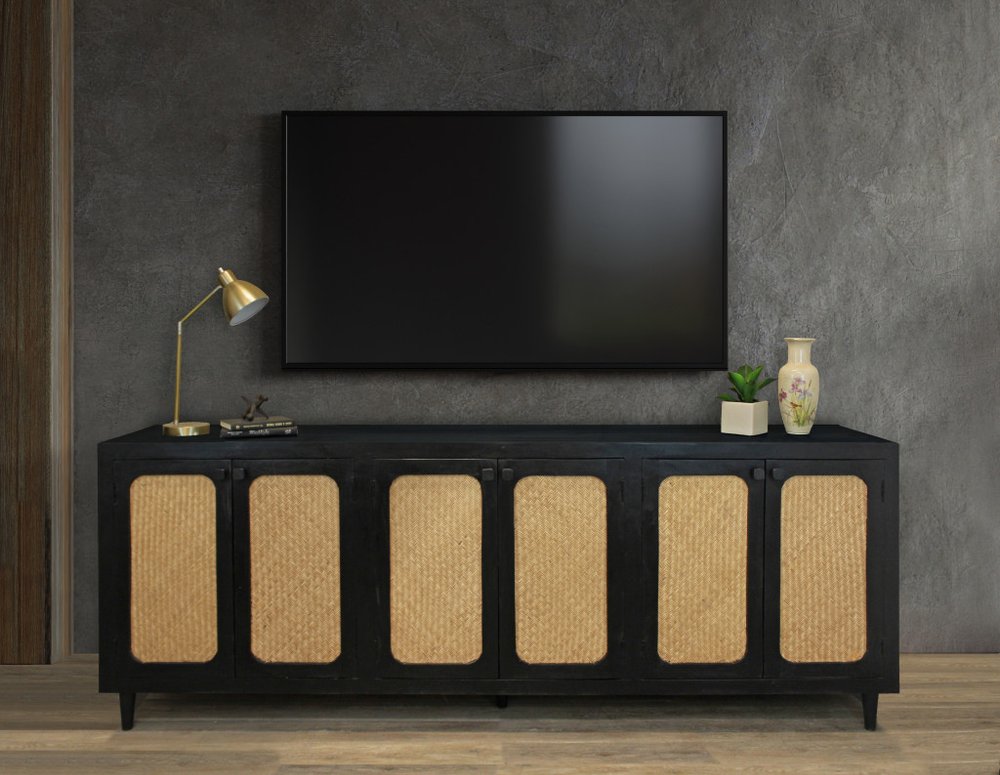 Black Distressed Solid Wood Sideboard with Six Doors - 94-inch