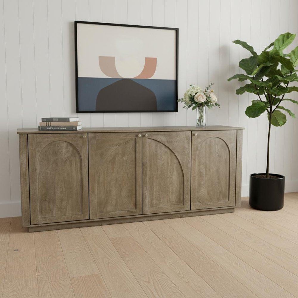 Brown Distressed Solid Wood Carved Geometric Sideboard with Four Doors - 80-inch
