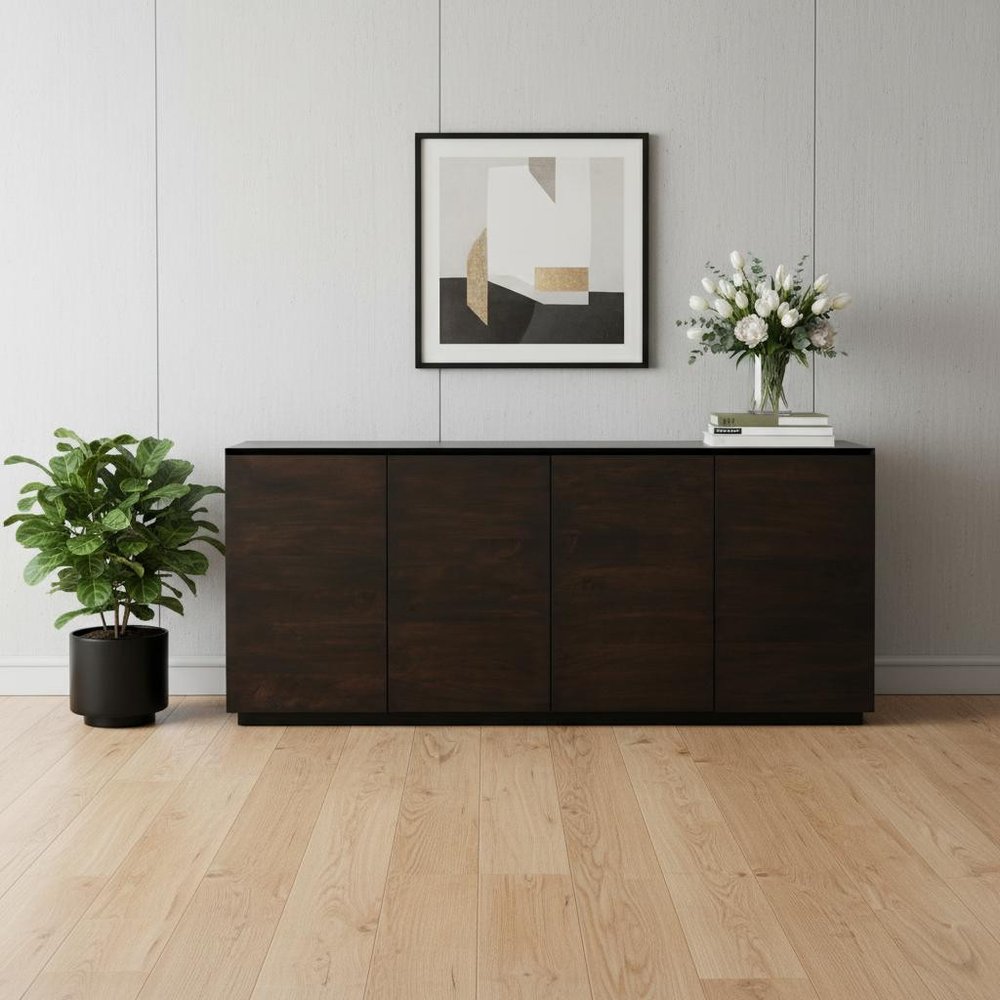 Dark Brown Distressed Solid Wood Sideboard with Four Doors - 80-inch