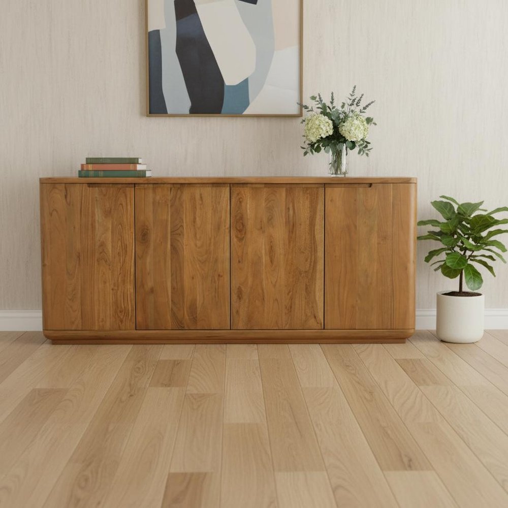 Tan Distressed Solid Wood Sideboard Soft Close with Four Doors - 72-inch