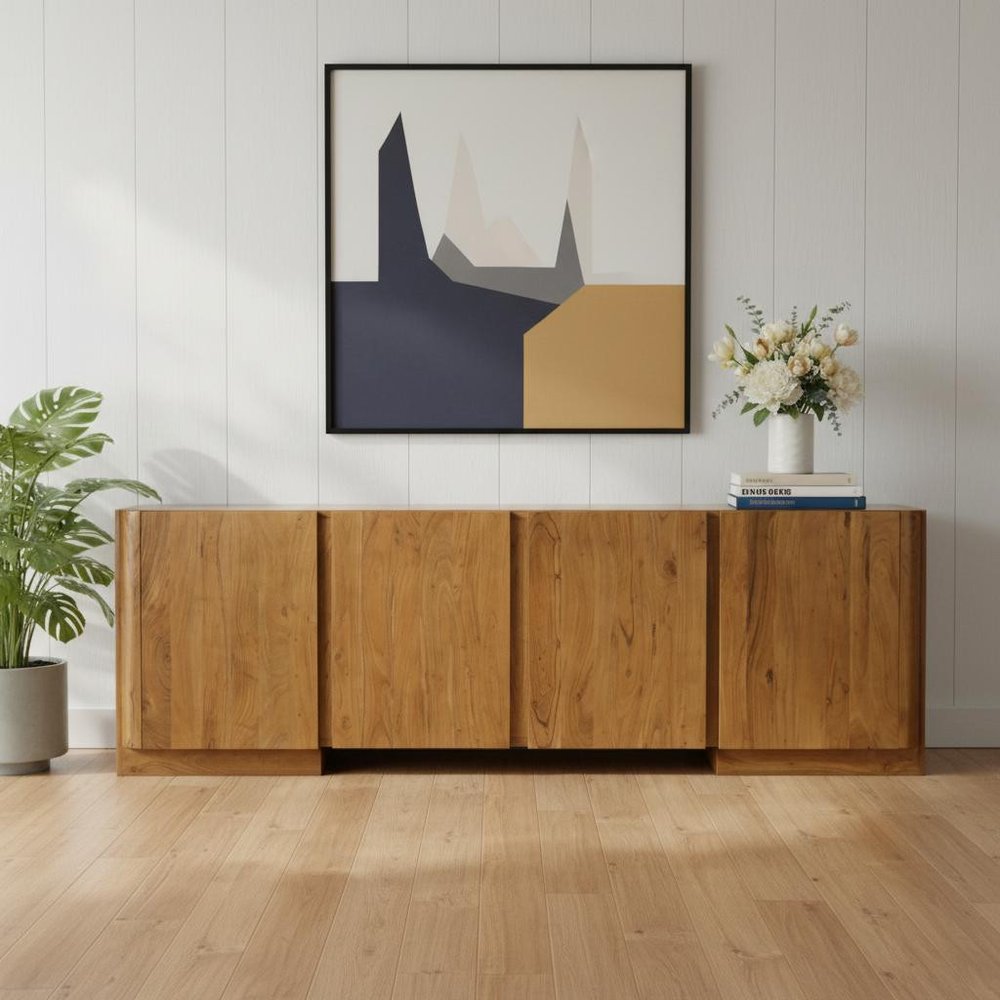 Tan Distressed Solid Wood Sideboard Soft Close with Four Doors - 96-inch