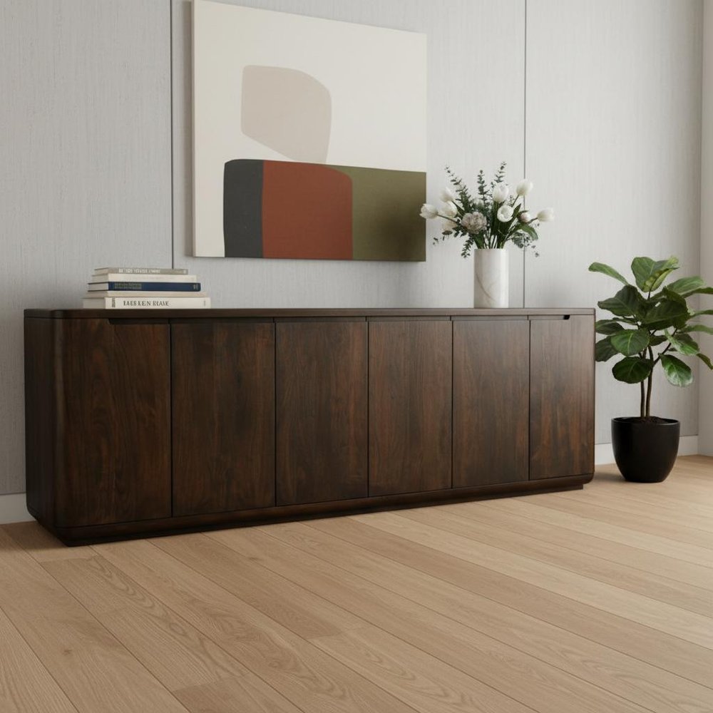 Dark Brown Distressed Solid Wood Sideboard with Six Doors - 96-inch