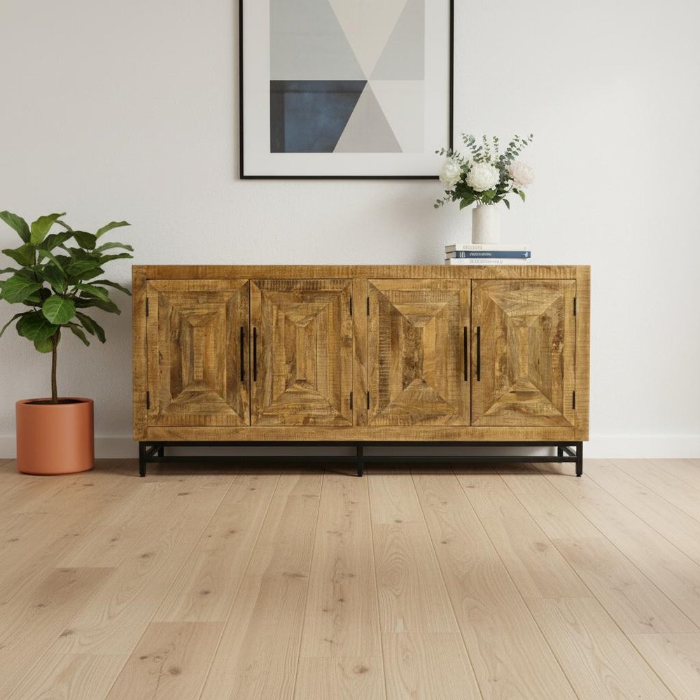Natural Distressed Solid Wood Sideboard with Four Doors - 78-inch
