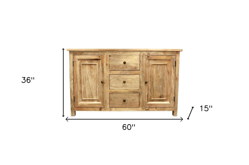 Natural Distressed Solid Wood Three Drawer Sideboard with Two Doors - 60-inch