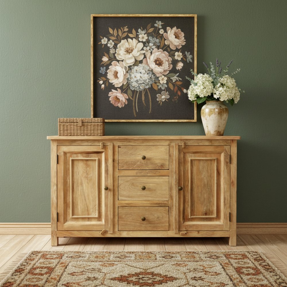Natural Distressed Solid Wood Three Drawer Sideboard with Two Doors - 60-inch