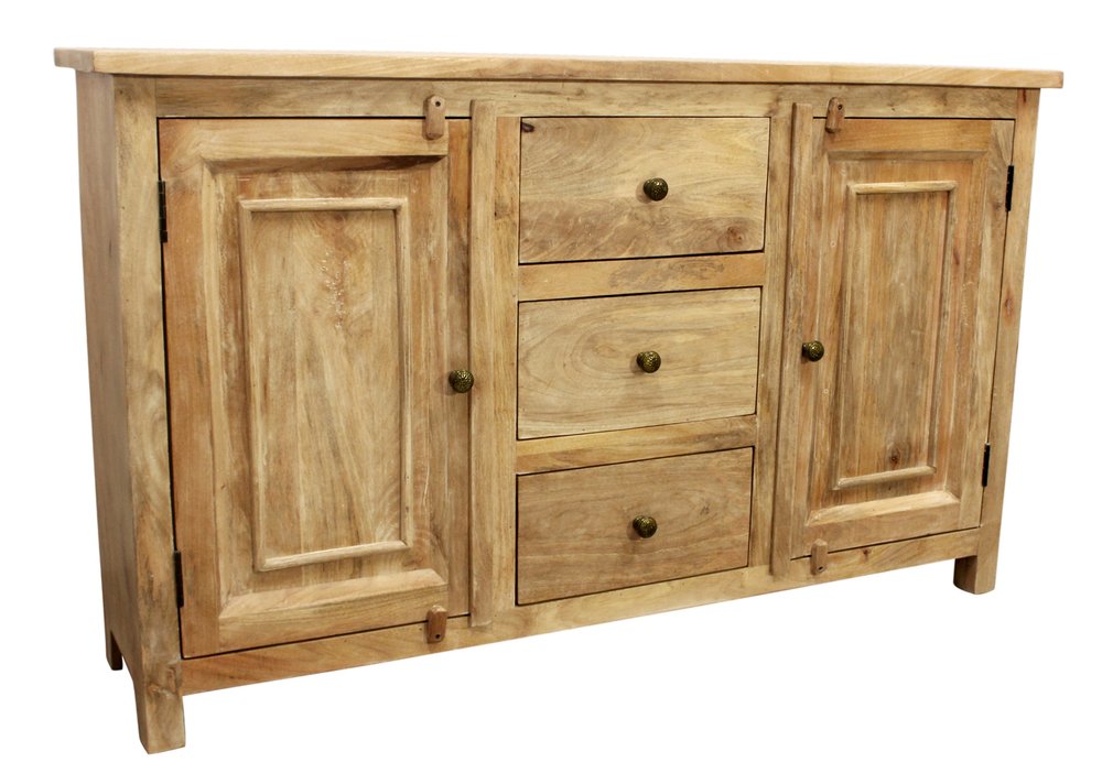Natural Distressed Solid Wood Three Drawer Sideboard with Two Doors - 60-inch
