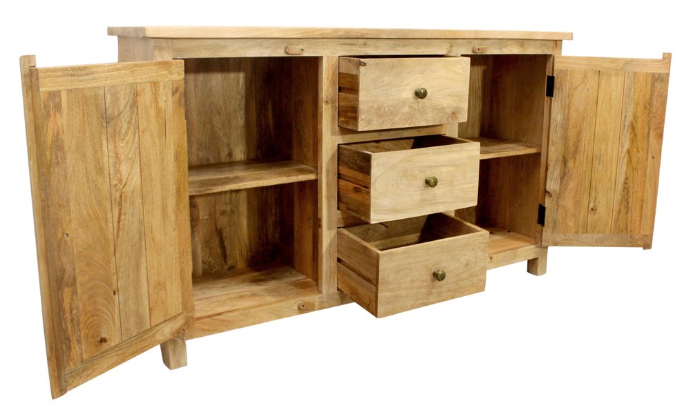 Natural Distressed Solid Wood Three Drawer Sideboard with Two Doors - 60-inch