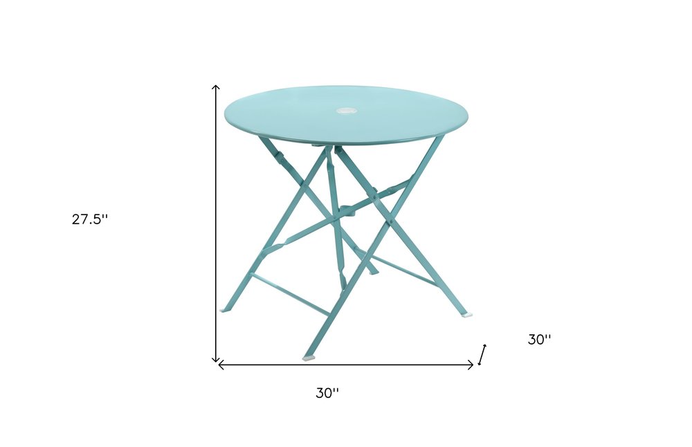 Aqua Rounded Aluminum Folding Outdoor Bistro Table with Umbrella Hole