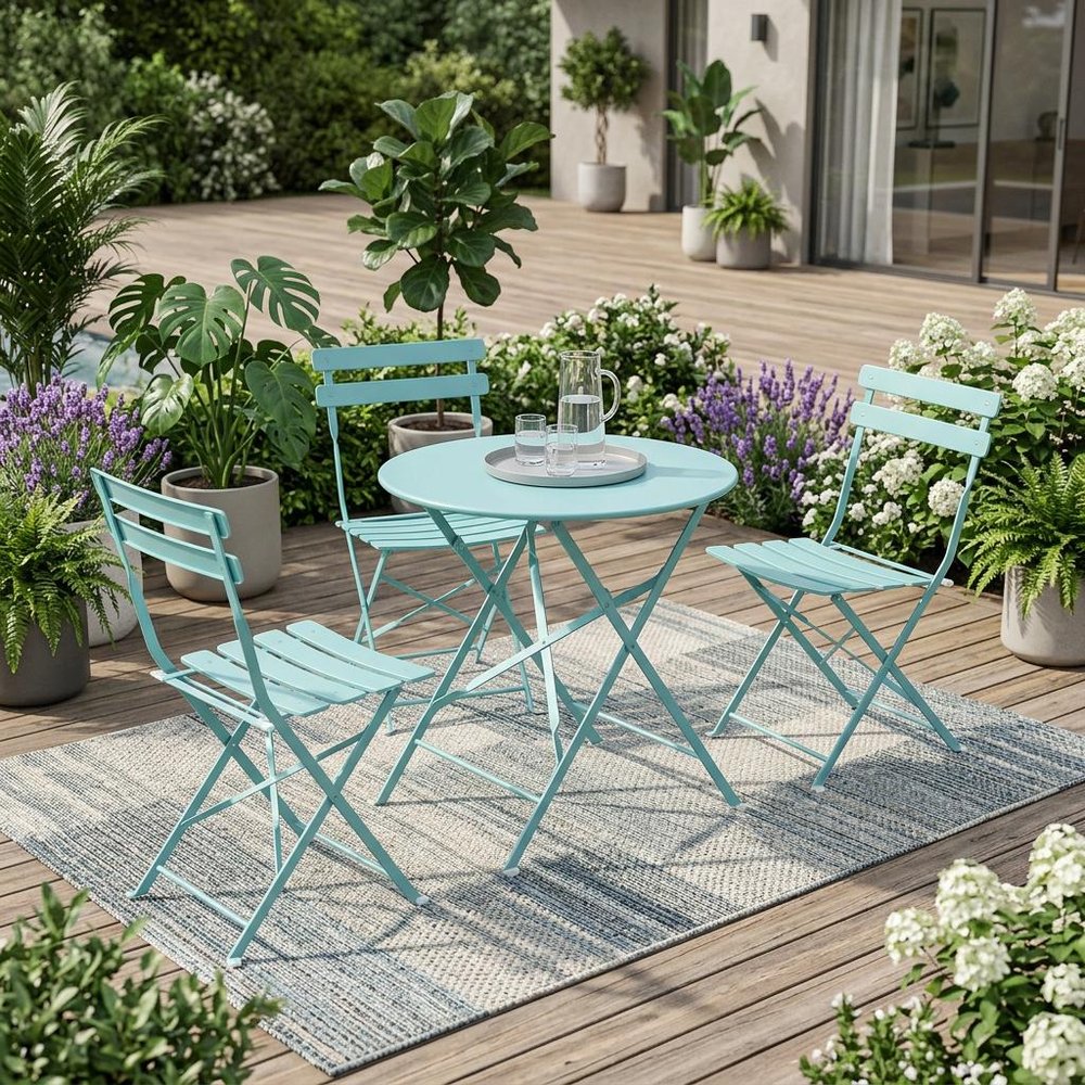 Aqua Rounded Aluminum Folding Outdoor Bistro Table with Umbrella Hole