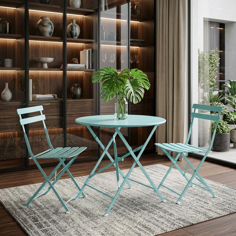 Aqua Rounded Aluminum Folding Outdoor Bistro Table with Umbrella Hole