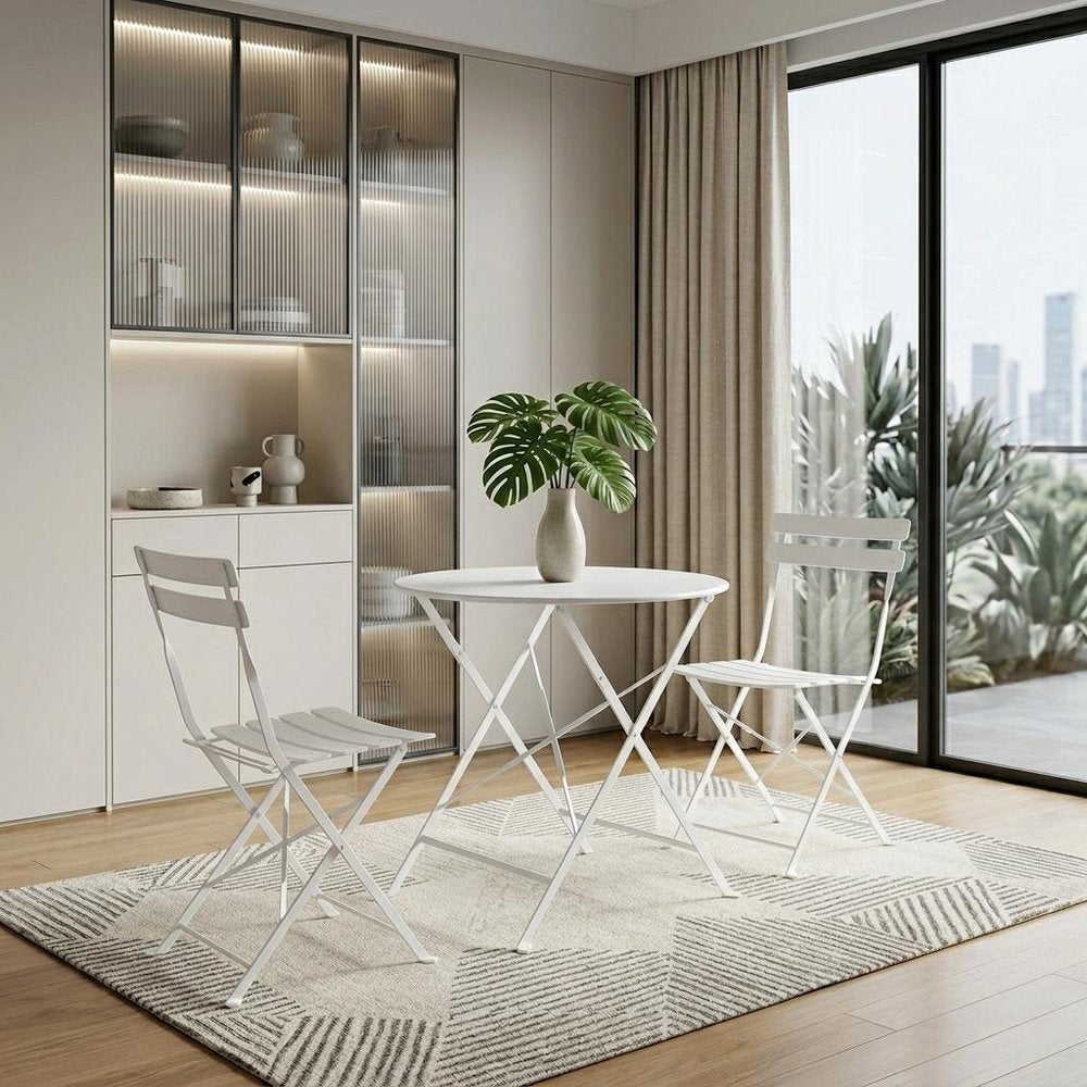 White Rounded Aluminum Folding Outdoor Bistro Table with Umbrella Hole
