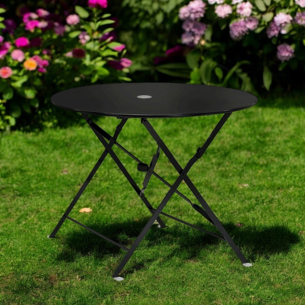 Black Rounded Aluminum Folding Outdoor Dining Table with Umbrella Hole