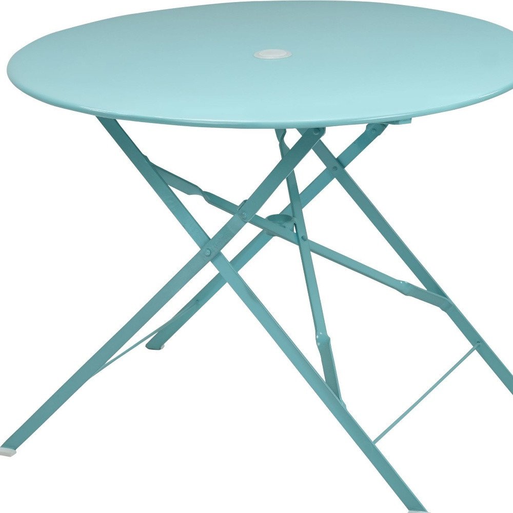 Aqua Rounded Aluminum Folding Outdoor Dining Table with Umbrella Hole