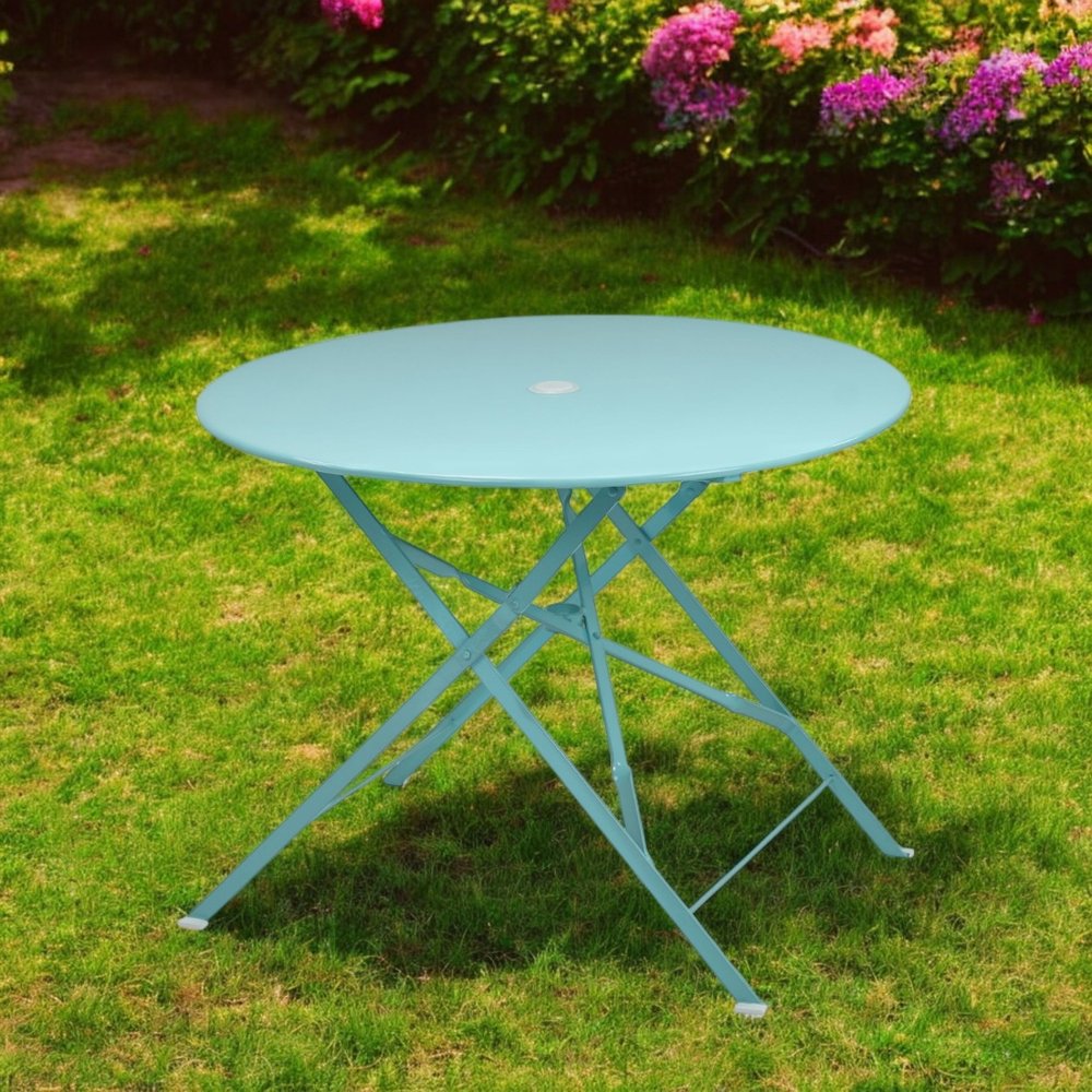 Aqua Rounded Aluminum Folding Outdoor Dining Table with Umbrella Hole