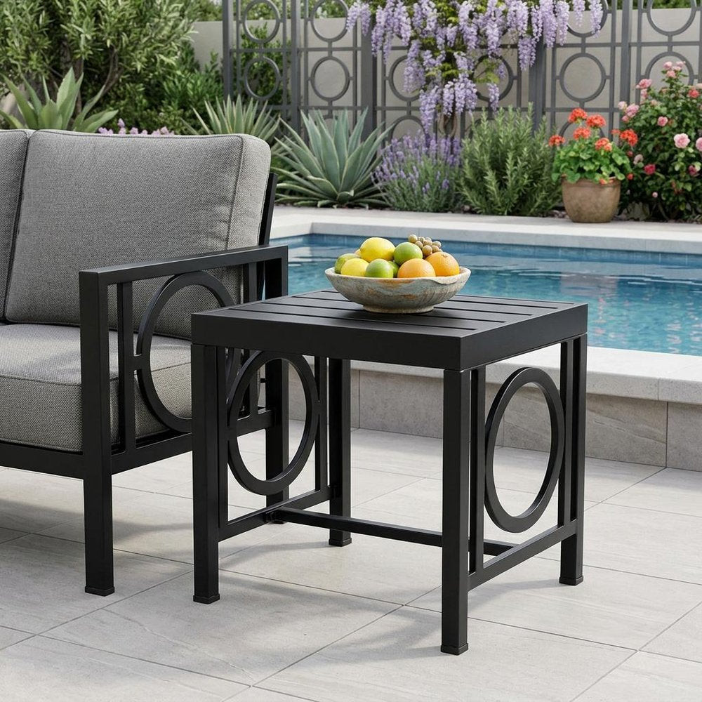 Black Aluminum Geo Slat Outdoor Side Table - 16-inch