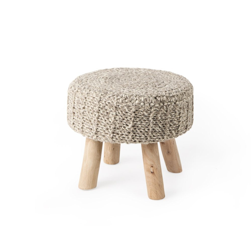 Taupe and Brown Wool Round Footstool - 19-inch