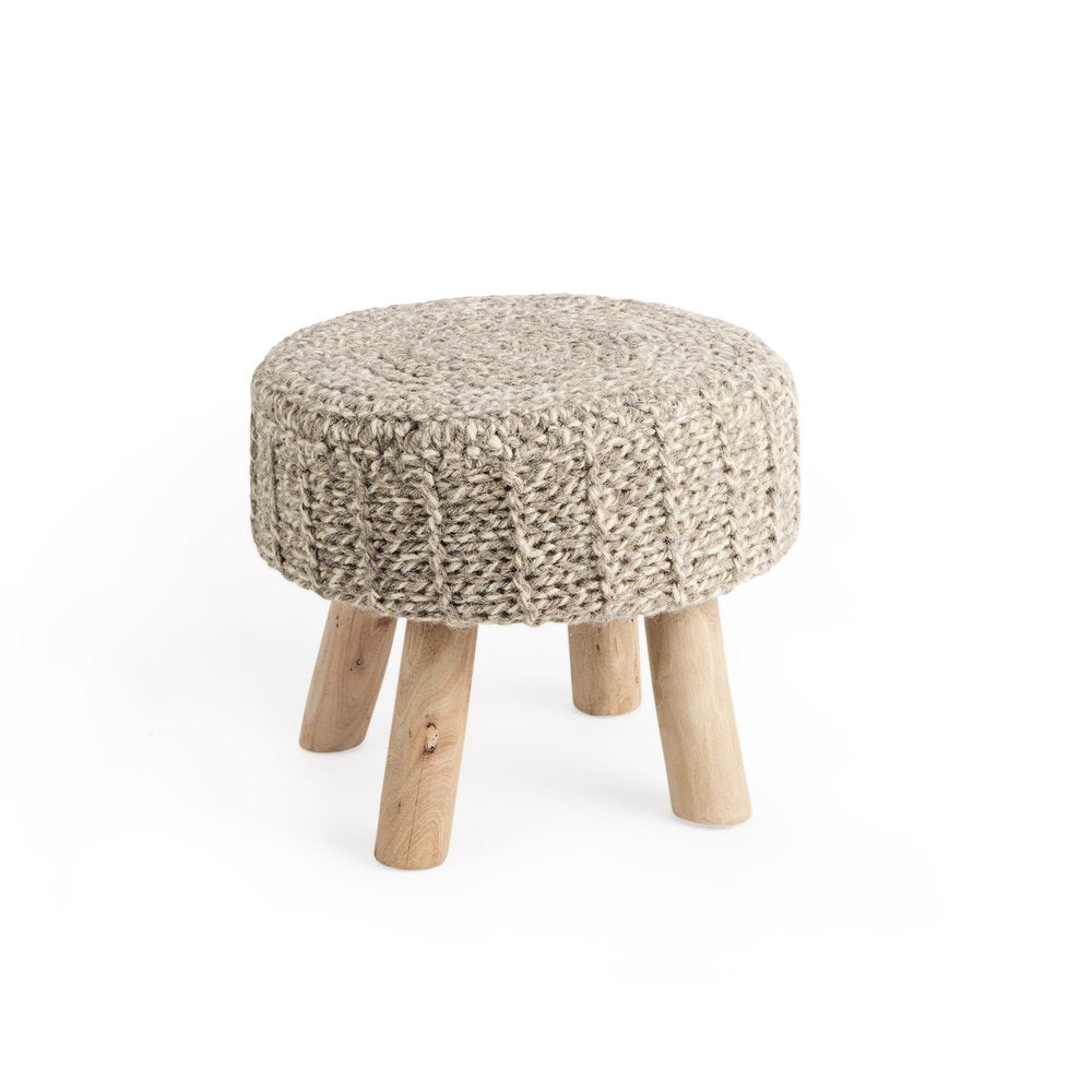 Taupe and Brown Wool Round Footstool - 19-inch