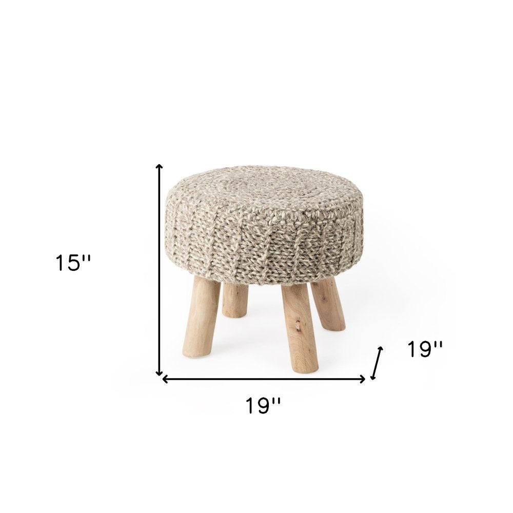 Taupe and Brown Wool Round Footstool - 19-inch