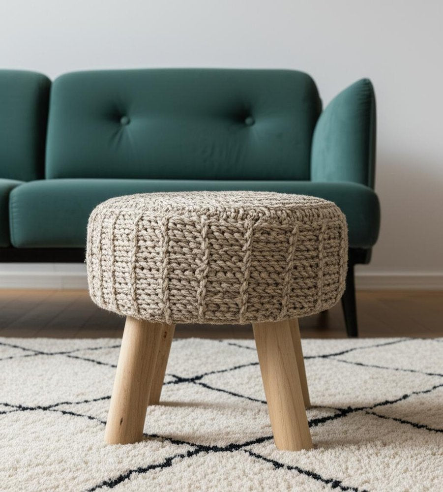Taupe and Brown Wool Round Footstool - 19-inch