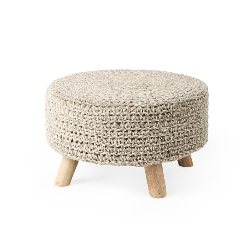Gray and Brown Wool Round Footstool - 24-inch