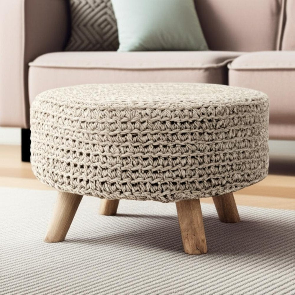 Gray and Brown Wool Round Footstool - 24-inch