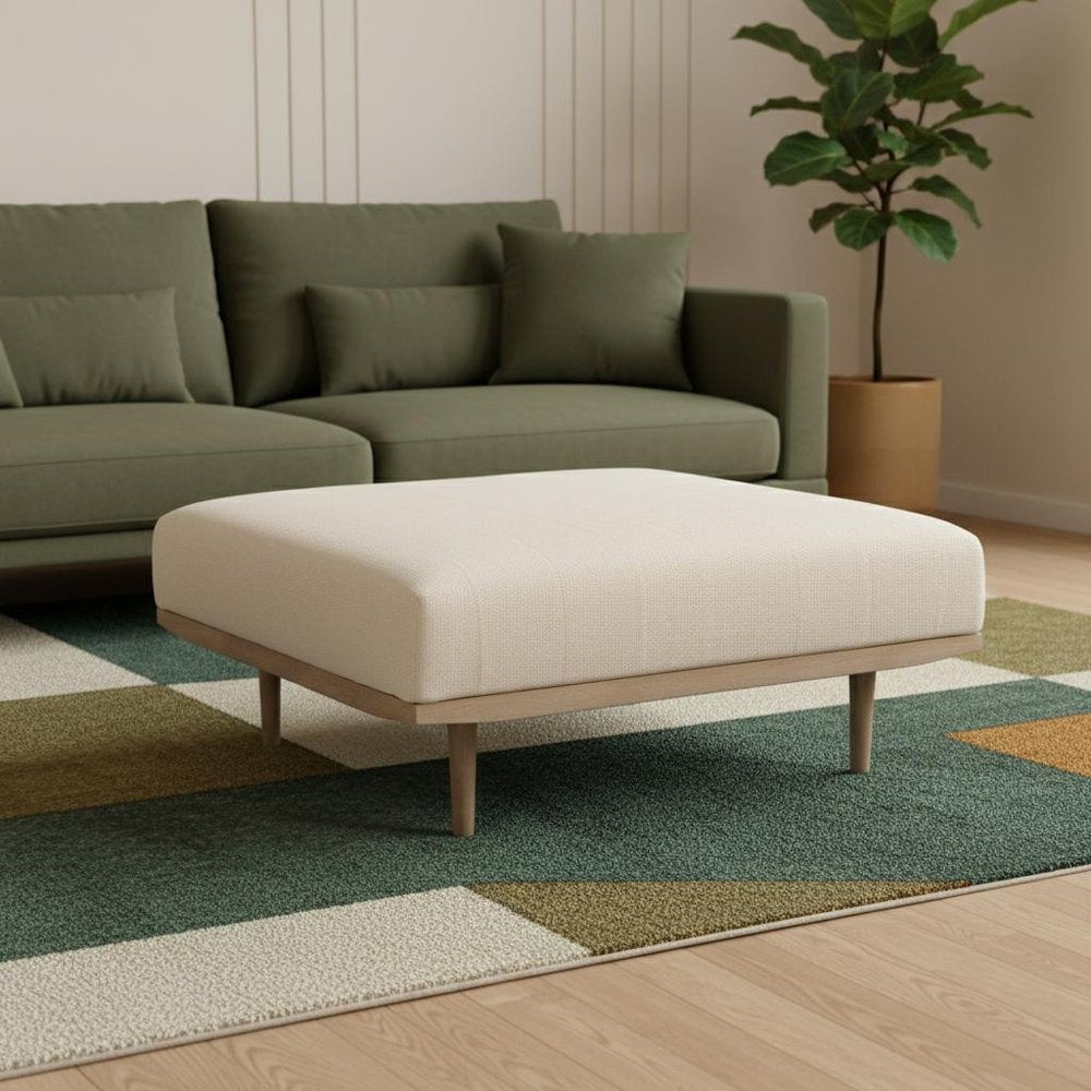 Beige and Brown Solid Wood and Fabric Ottoman - 37-inch