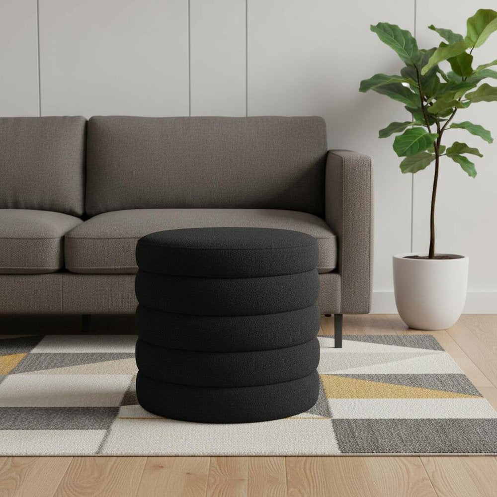 Black Boucle Round Storage Ottoman - 19-inch