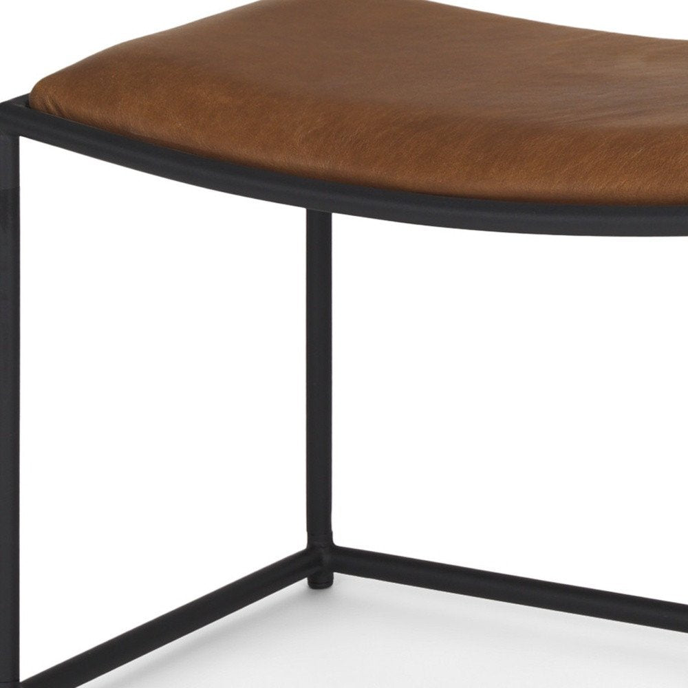 Brown and Black Metal and Genuine Leather Footstool - 23-inch