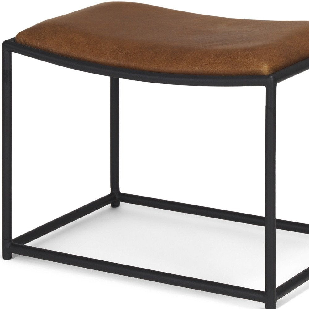 Brown and Black Metal and Genuine Leather Footstool - 23-inch