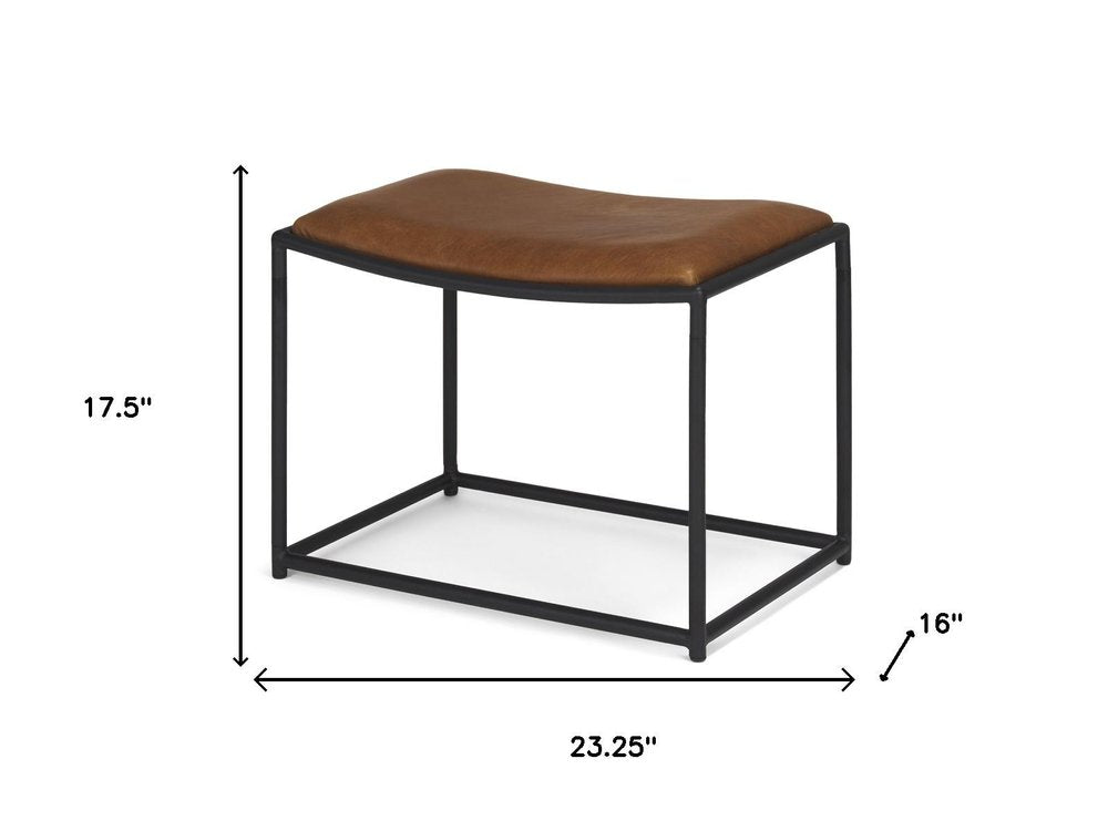Brown and Black Metal and Genuine Leather Footstool - 23-inch