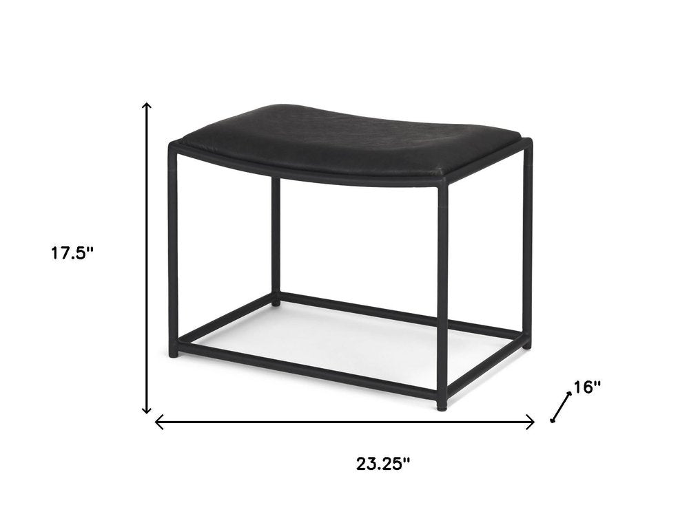 Black Metal and Genuine Leather Footstool - 23-inch