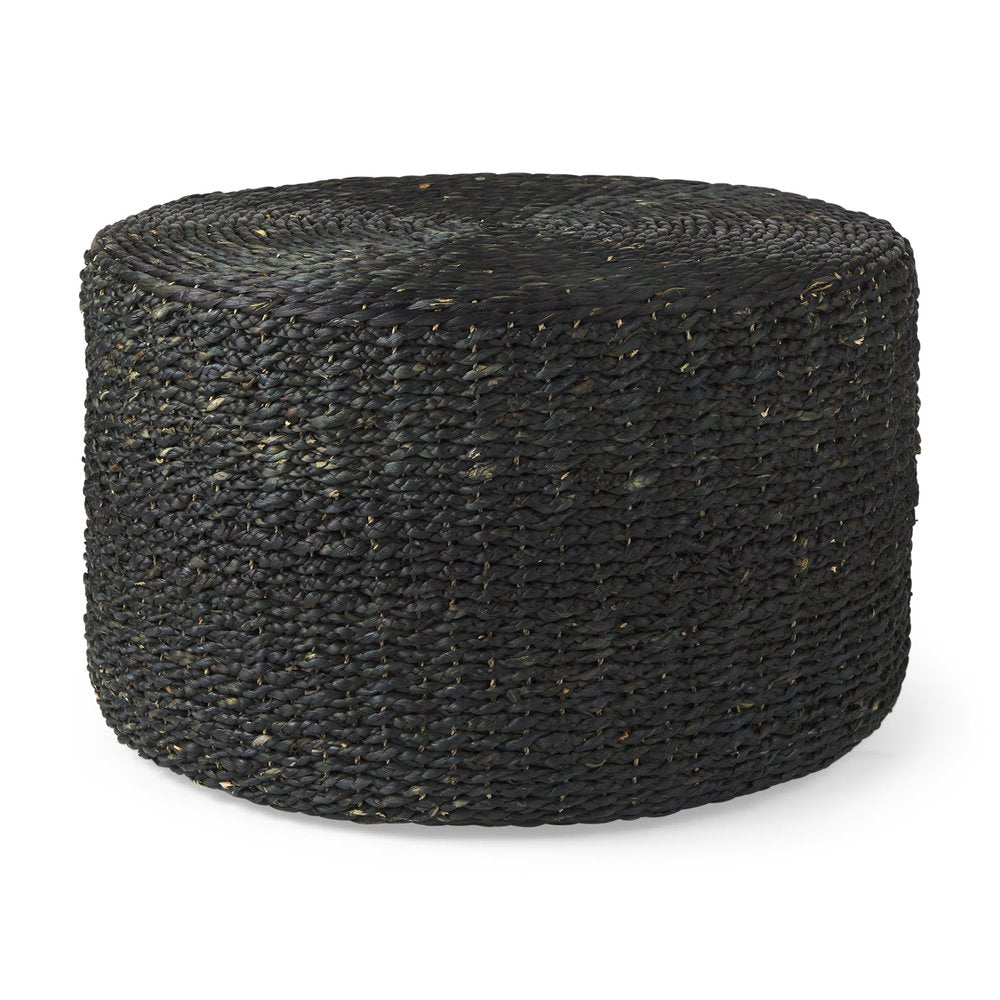 Black Water Hyacinth Round Pouf Ottoman - 30-inch