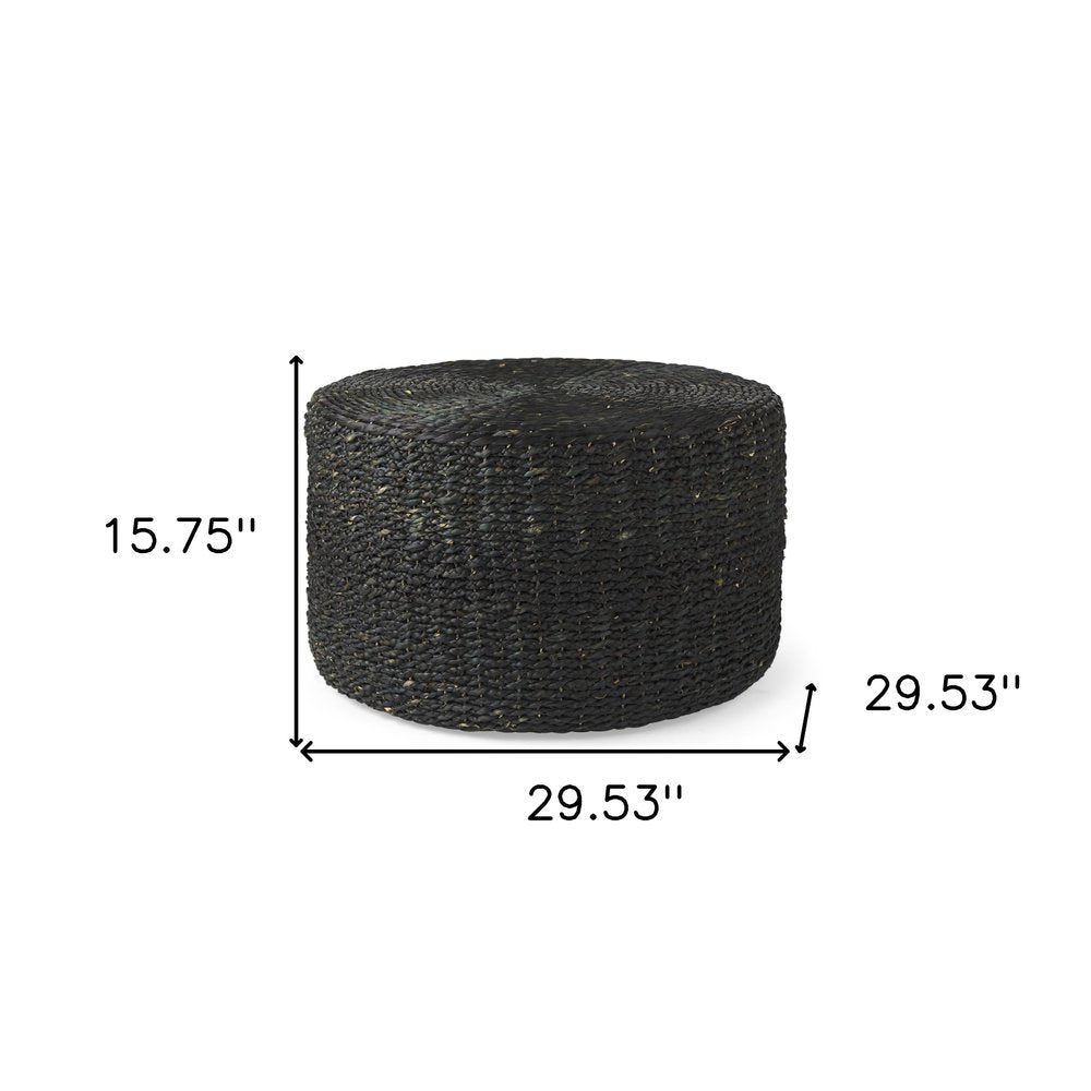 Black Water Hyacinth Round Pouf Ottoman - 30-inch