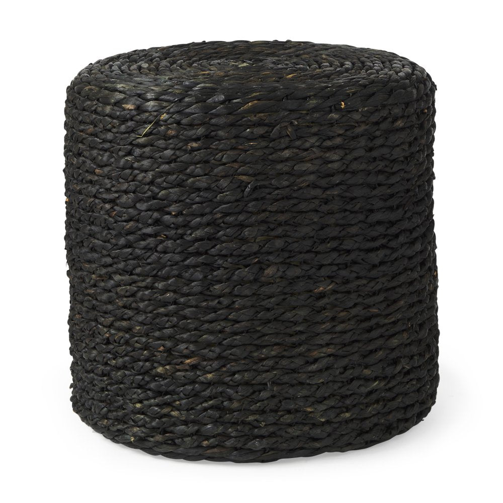 Black Water Hyacinth Round Pouf Ottoman - 18-inch