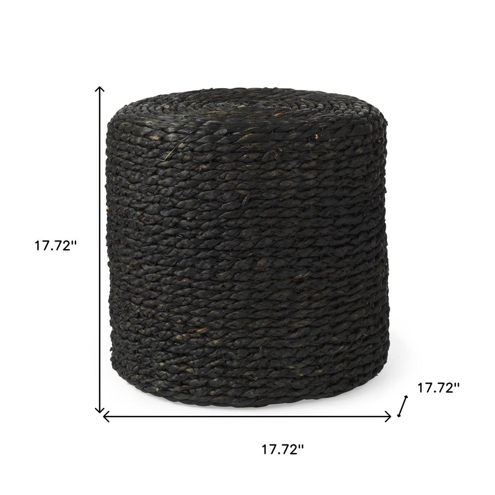 Black Water Hyacinth Round Pouf Ottoman - 18-inch
