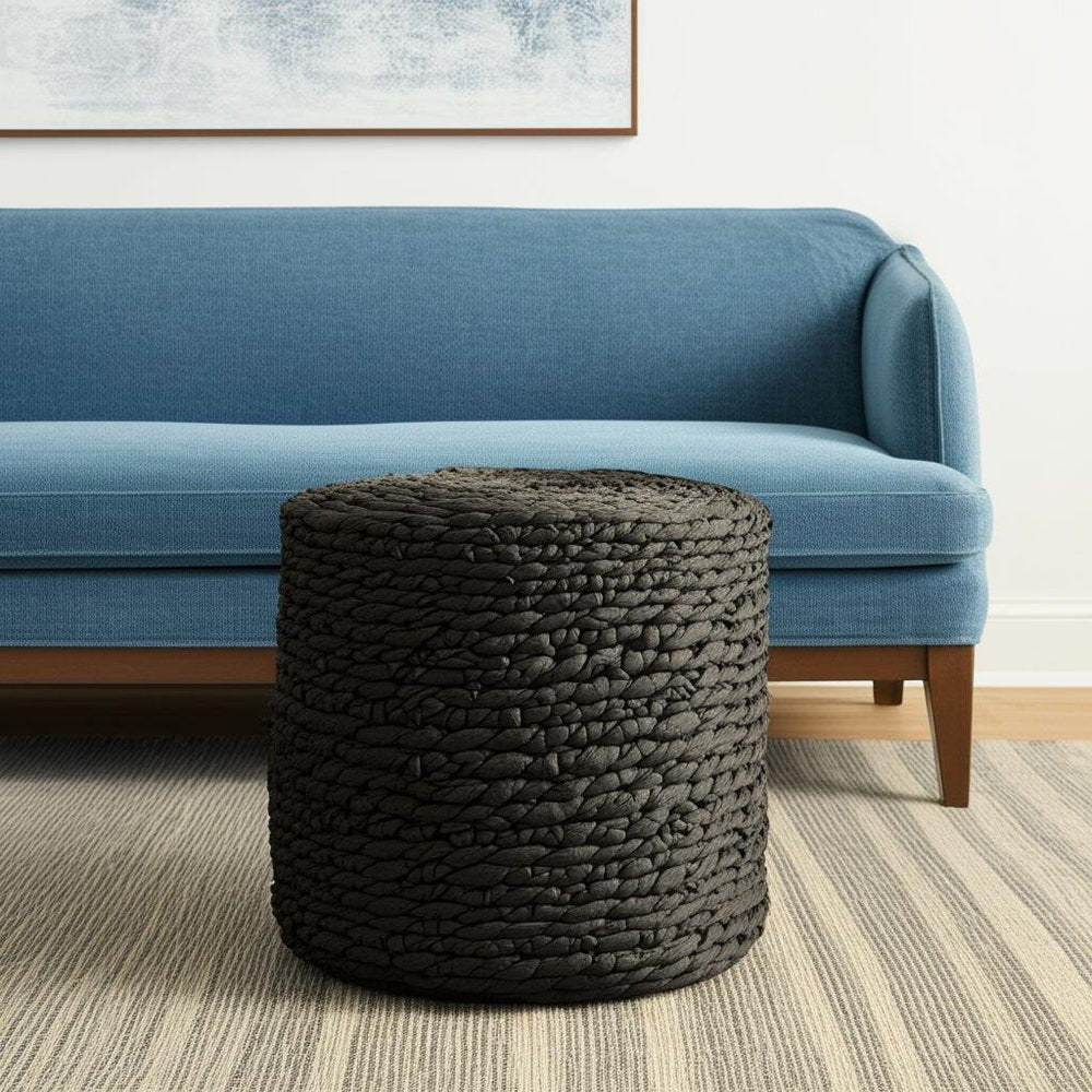 Black Water Hyacinth Round Pouf Ottoman - 18-inch