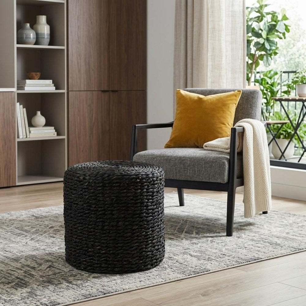 Black Water Hyacinth Round Pouf Ottoman - 18-inch