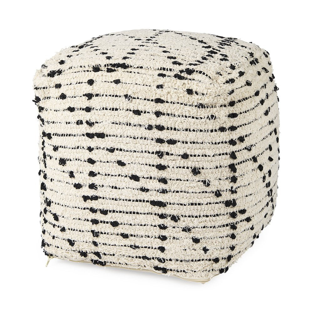 Cream and Black Cotton Geometric Cube Pouf Ottoman - 16-inch