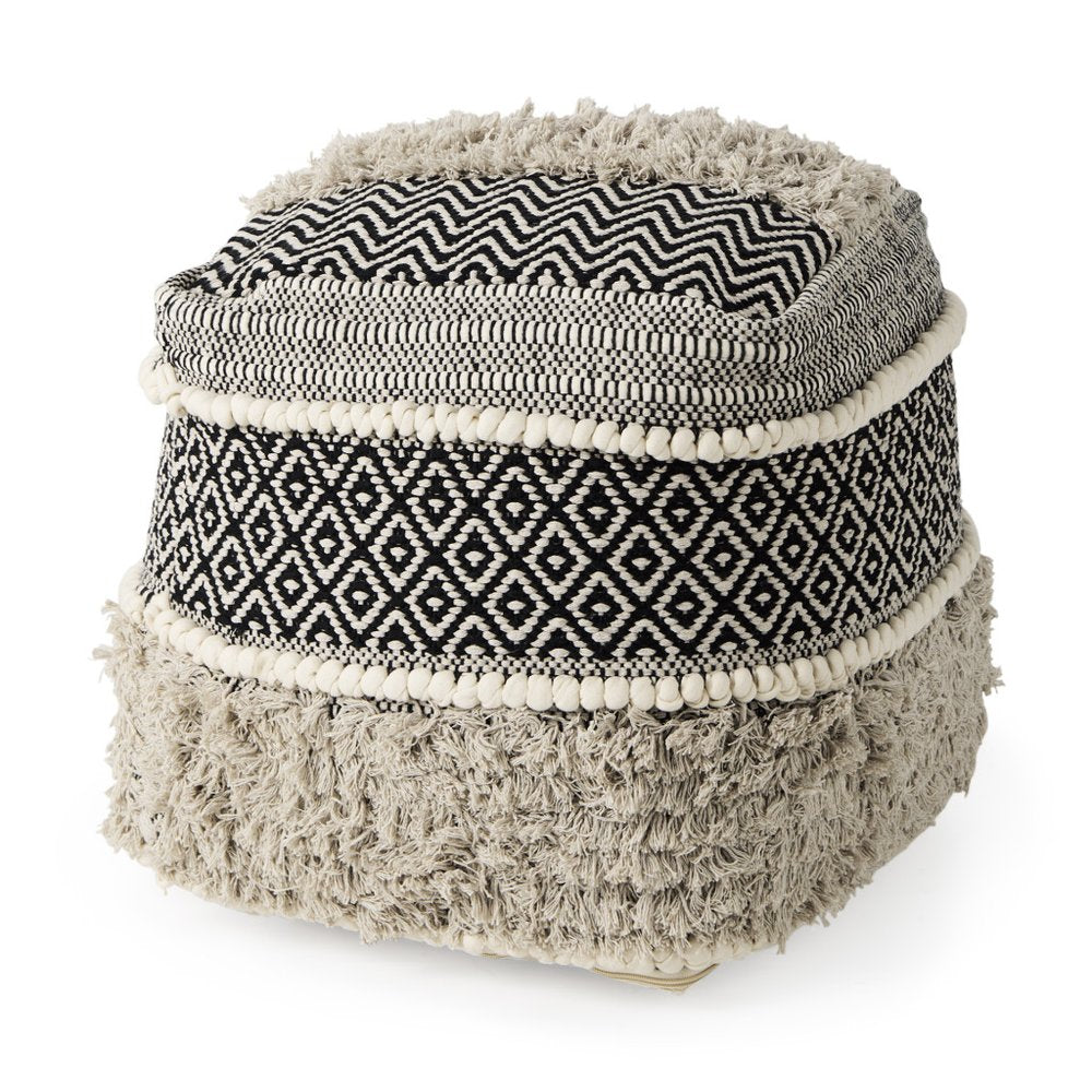 Black Gray and White Cotton Geometric Pouf Ottoman - 16-inch