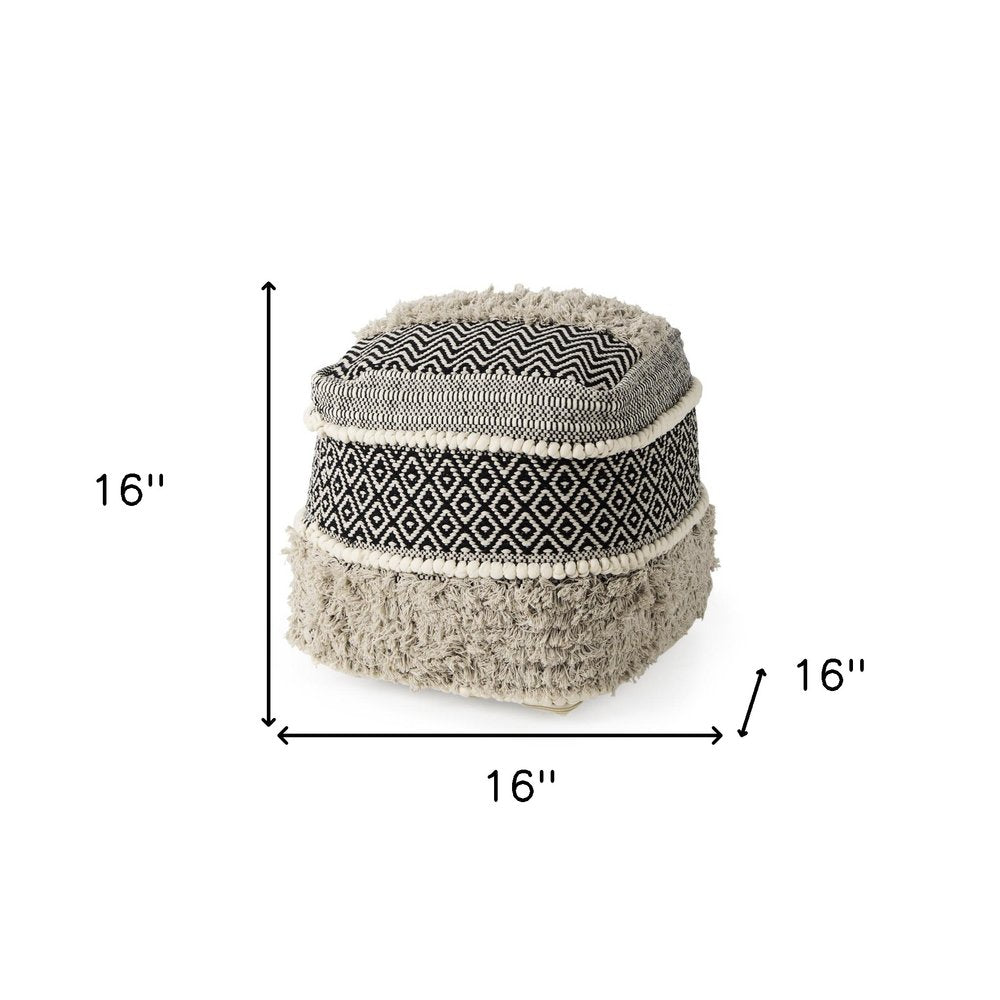 Black Gray and White Cotton Geometric Pouf Ottoman - 16-inch