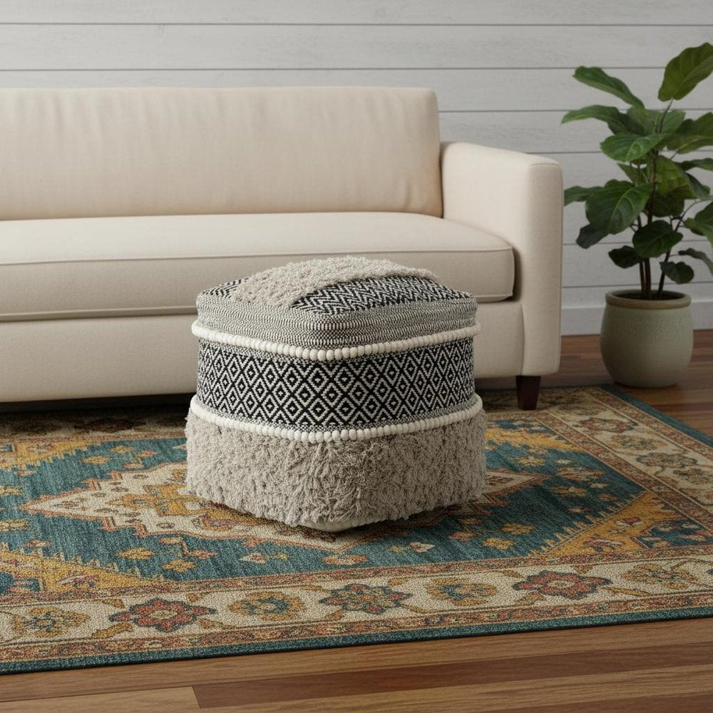 Black Gray and White Cotton Geometric Pouf Ottoman - 16-inch