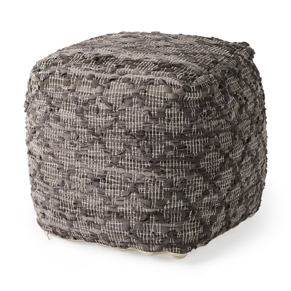 Brown and Gray Cotton and Leather Geometric Cube Pouf Ottoman