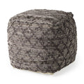 Brown and Gray Cotton and Leather Geometric Cube Pouf Ottoman