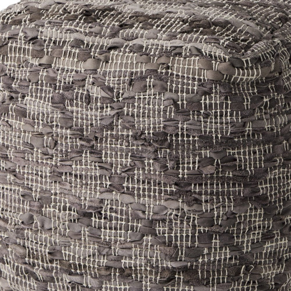 Brown and Gray Cotton and Leather Geometric Cube Pouf Ottoman