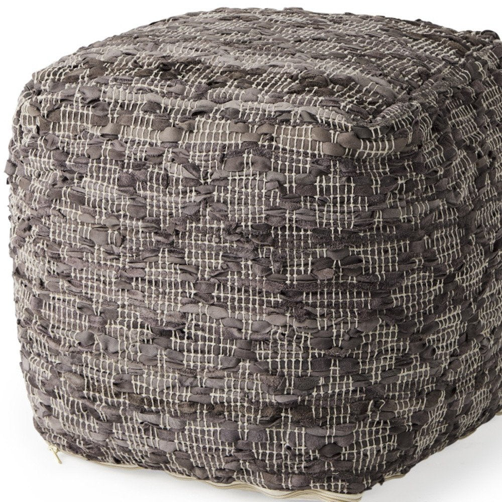 Brown and Gray Cotton and Leather Geometric Cube Pouf Ottoman