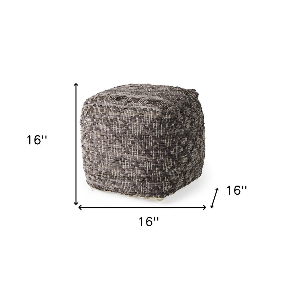 Brown and Gray Cotton and Leather Geometric Cube Pouf Ottoman