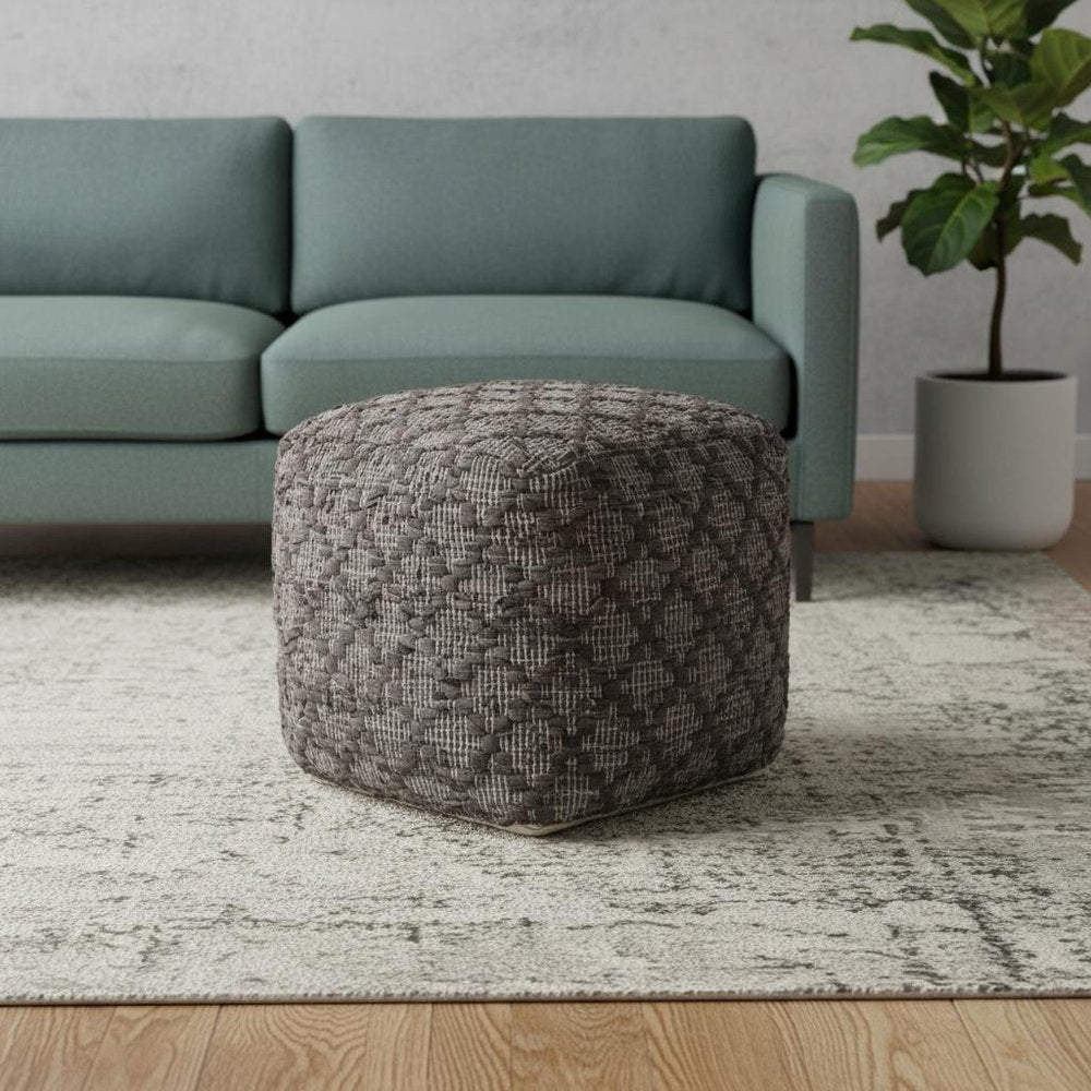 Brown and Gray Cotton and Leather Geometric Cube Pouf Ottoman