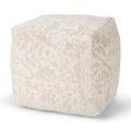 Cream and Beige Fabric Damask Pouf Ottoman - 18-inch